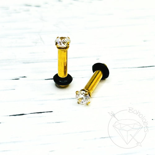 Tiny prong press cut martini set cz studs crystal yellow gold stainless steel plugs / tunnels for gauges / stretched ears Sizes: 14g, 12g, 10g, 8g