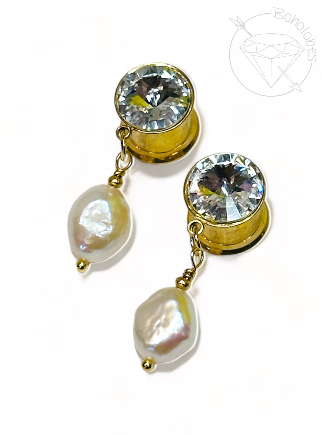 Crystal rhinestone rochelle pearl dangle hollow gold tunnels plugs: 2g 0g 00g