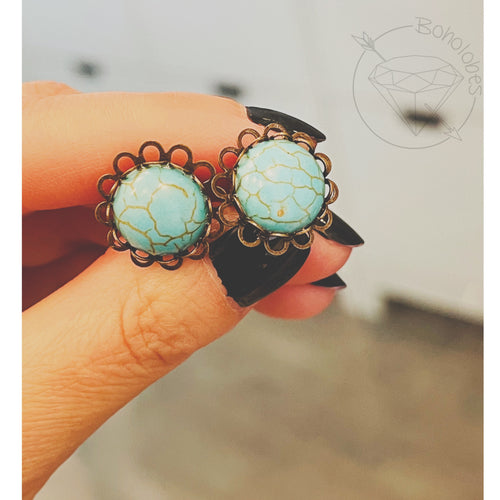 Turquoise lace cameo hider plugs tunnels for gauged ears:  6g - 00g