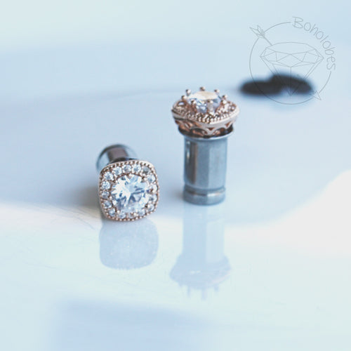 Rose gold crystal plugs Square CZ halo stud wedding plugs for gauged or stretched ears: Sizes 4g 2g 1g 0g 5mm 6mm 7mm 8mm
