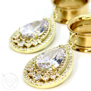 Stainless steel yellow gold or white gold toned drop rhinestone dangle plugs: 2g 0g 00g 1/2" 9/16" 5/8" 18mm 20mm 22mm 25mm