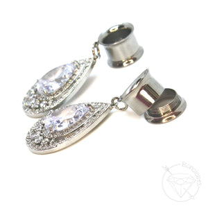 Stainless steel yellow gold or white gold toned drop rhinestone dangle plugs: 2g 0g 00g 1/2" 9/16" 5/8" 18mm 20mm 22mm 25mm
