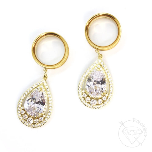 Stainless steel yellow gold or white gold toned drop rhinestone dangle plugs: 2g 0g 00g 1/2
