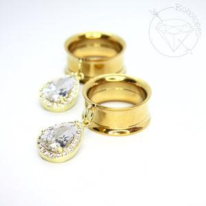 Stainless steel  rhinestone yellow gold or white gold toned drop dangle plugs: 2g 0g 00g 1/2" 9/16" 5/8" 18mm 20mm 22mm 25mm