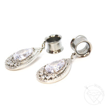 Load image into Gallery viewer, Stainless steel yellow gold or white gold toned drop rhinestone dangle plugs: 2g 0g 00g 1/2&quot; 9/16&quot; 5/8&quot; 18mm 20mm 22mm 25mm