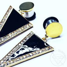 Load image into Gallery viewer, Modern gold geo dagger black and white rhinestone plugs gauges tunnels 2g 1g 0g 00g 7/16&quot; 1/2 9/16&quot; 5/8&quot; 3/4&quot; 7/8&quot; 1&quot;
