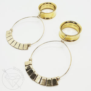 Hoop beaded dangle hollow gold tunnels plugs: 2g 0g 00g 1/2" 9/16" 5/8" 18mm 20m 7/8" 1"