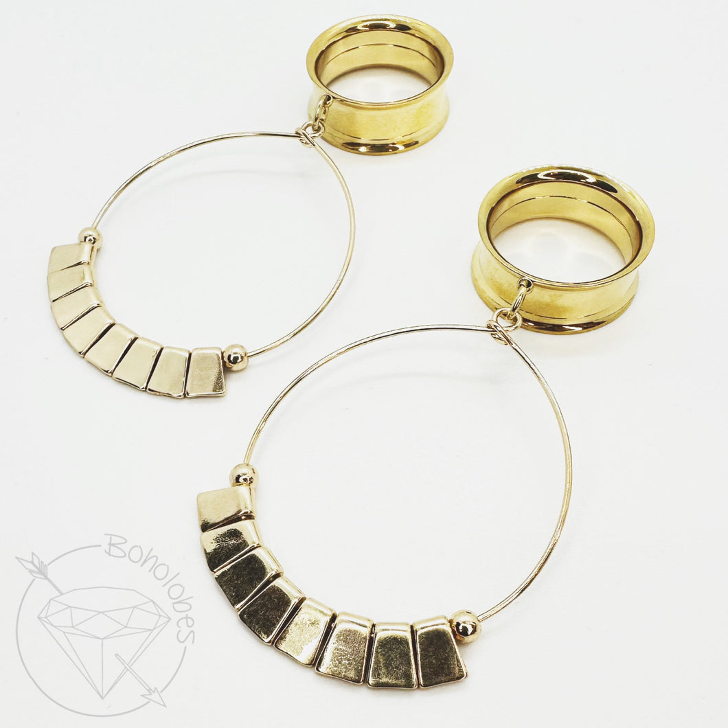 Hoop beaded dangle hollow gold tunnels plugs: 2g 0g 00g 1/2