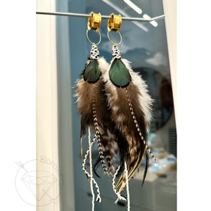 Pair of gold feather light weight metal dangle hoop earrings