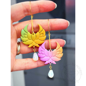 Pair of rainbow ombre lotus flower crystal light weight polymer clay dangle plugs: 4g 2g 0g 00g 1/2" 9/16" 5/8" 3/4" 7/8" 1"