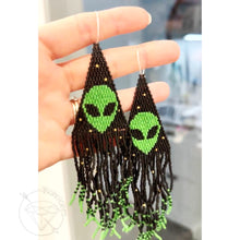 Load image into Gallery viewer, Pair of beaded alien dangle plugs dangle earrings / hoops