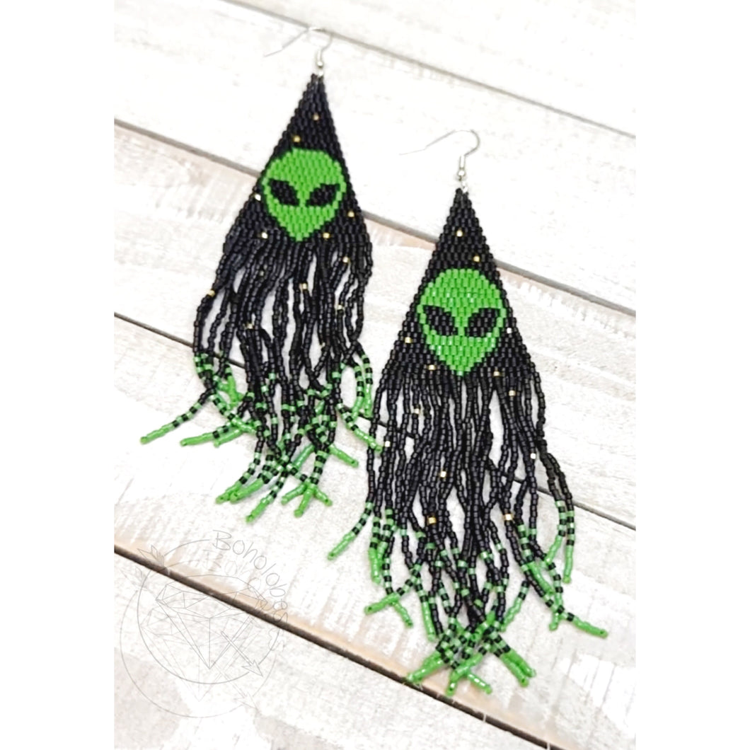 Pair of beaded alien dangle plugs dangle earrings / hoops