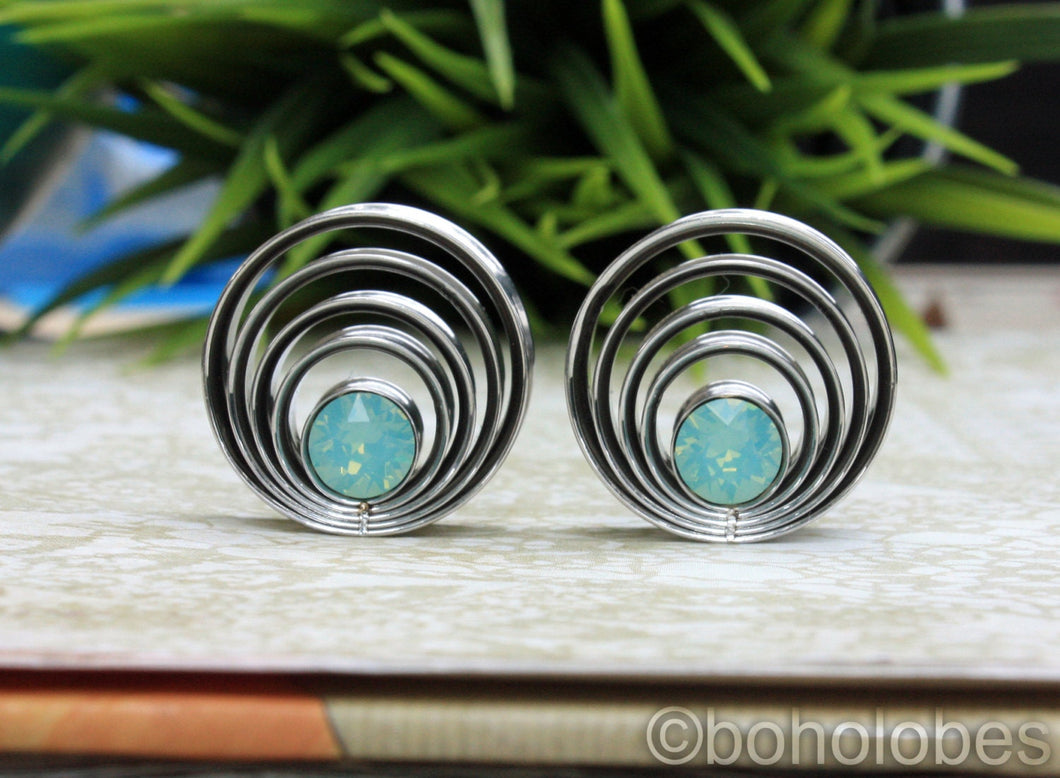 Pair of cascading crystal stainless steel plugs tunnels for gauges / stretched ears Sizes: 1/2