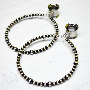 Pair of navajo pearl sterling silver beaded hoop dangle plugs dangle earrings: 4g 2g 0g 00g 1/2" 9/16" 5/8" 3/4" 7/8" 1" 22g