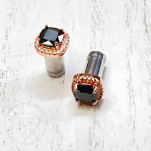 Load image into Gallery viewer, Crystal plugs Square CZ halo stud yellow gold rose gold black wedding plugs for gauged or stretched ears: Sizes 4g 2g 1g 0g 5mm 6mm 7mm 8mm
