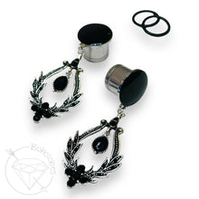 Load image into Gallery viewer, Black rhinestone crystal fancy dangle hider plugs for gauged ears 8g 6g 4g 2g 1g 0g 11/32&quot; 00g 7/16&quot; 1/2&quot;