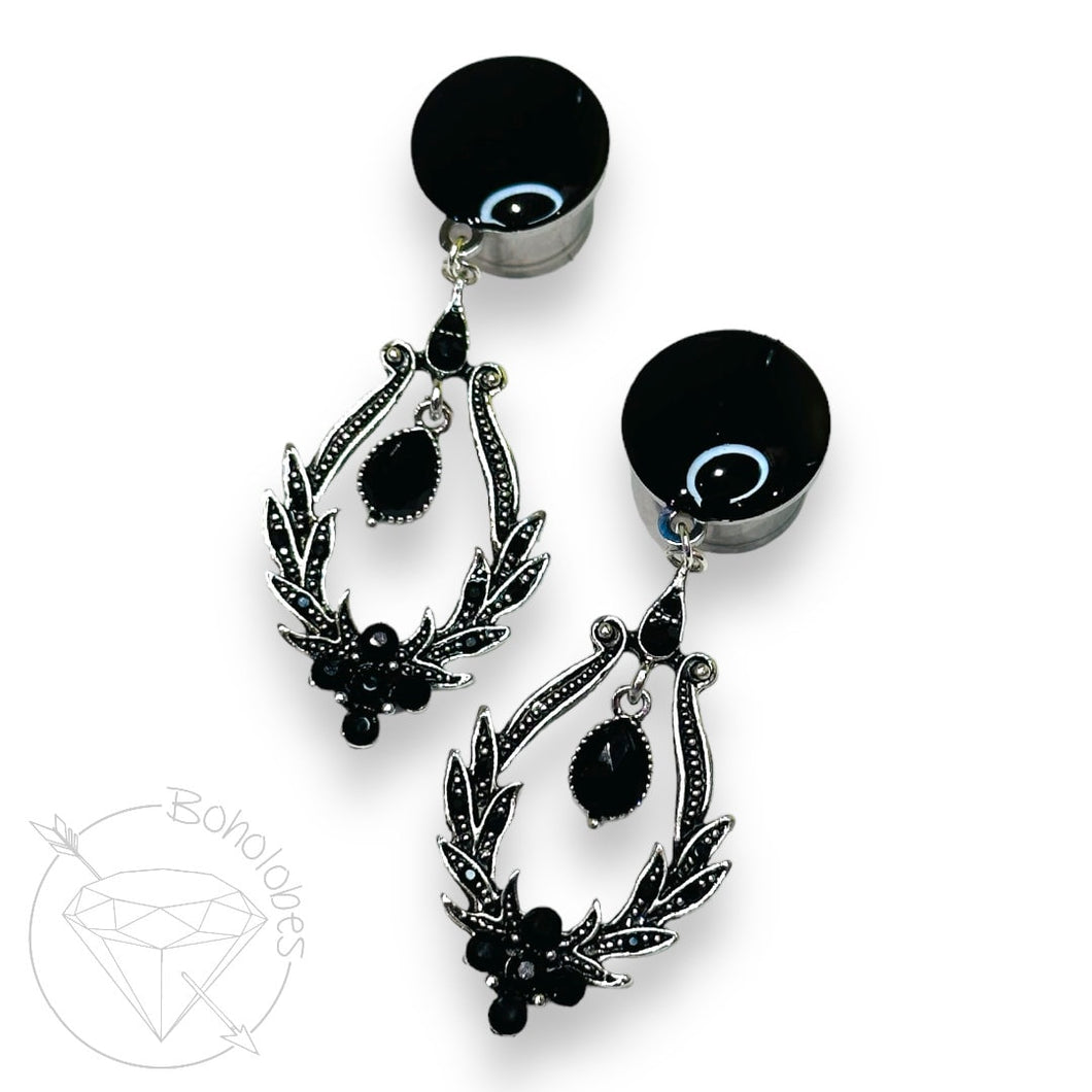 Black rhinestone crystal fancy dangle hider plugs for gauged ears 8g 6g 4g 2g 1g 0g 11/32