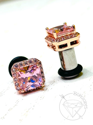 Rose gold and pink crystal plugs Square CZ halo stud wedding plugs for gauged or stretched ears: Sizes 4g 2g 1g 0g 5mm 6mm 7mm 8mm