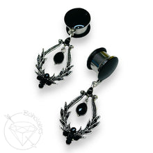 Load image into Gallery viewer, Black rhinestone crystal fancy dangle hider plugs for gauged ears 8g 6g 4g 2g 1g 0g 11/32&quot; 00g 7/16&quot; 1/2&quot;