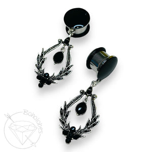 Black rhinestone crystal fancy dangle hider plugs for gauged ears 8g 6g 4g 2g 1g 0g 11/32" 00g 7/16" 1/2"