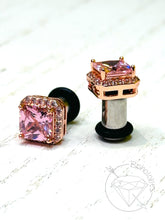 Load image into Gallery viewer, Rose gold and pink crystal plugs Square CZ halo stud wedding plugs for gauged or stretched ears: Sizes 4g 2g 1g 0g 5mm 6mm 7mm 8mm