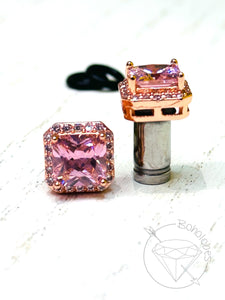 Rose gold and pink crystal plugs Square CZ halo stud wedding plugs for gauged or stretched ears: Sizes 4g 2g 1g 0g 5mm 6mm 7mm 8mm