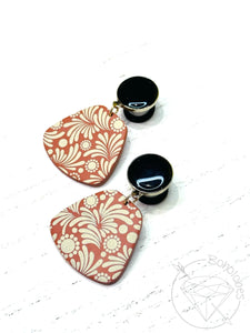 Black and brown faux leather clay earrings dangle hider plugs for gauged ears 8g 6g 4g 2g 1g 0g 11/32" 00g 7/16" 1/2"
