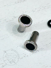 Load image into Gallery viewer, Black and clear crystal plugs wedding fancy plugs tunnels gauges: sizes 14g 12g 10g 8g 6g 4g 2g 1g