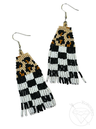 Hand beaded cheetah checkered dangle plugs dangle earrings - pair