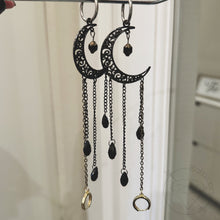 Load image into Gallery viewer, Loop earplug holder Black celestial crescent moon goth dangle plugs gauges 8g 6g 4g 2g 1g 0g 11/32&quot; 00g 7/16&quot; 1/2” 9/16” 5/8” 3/4” 7/8” 1”