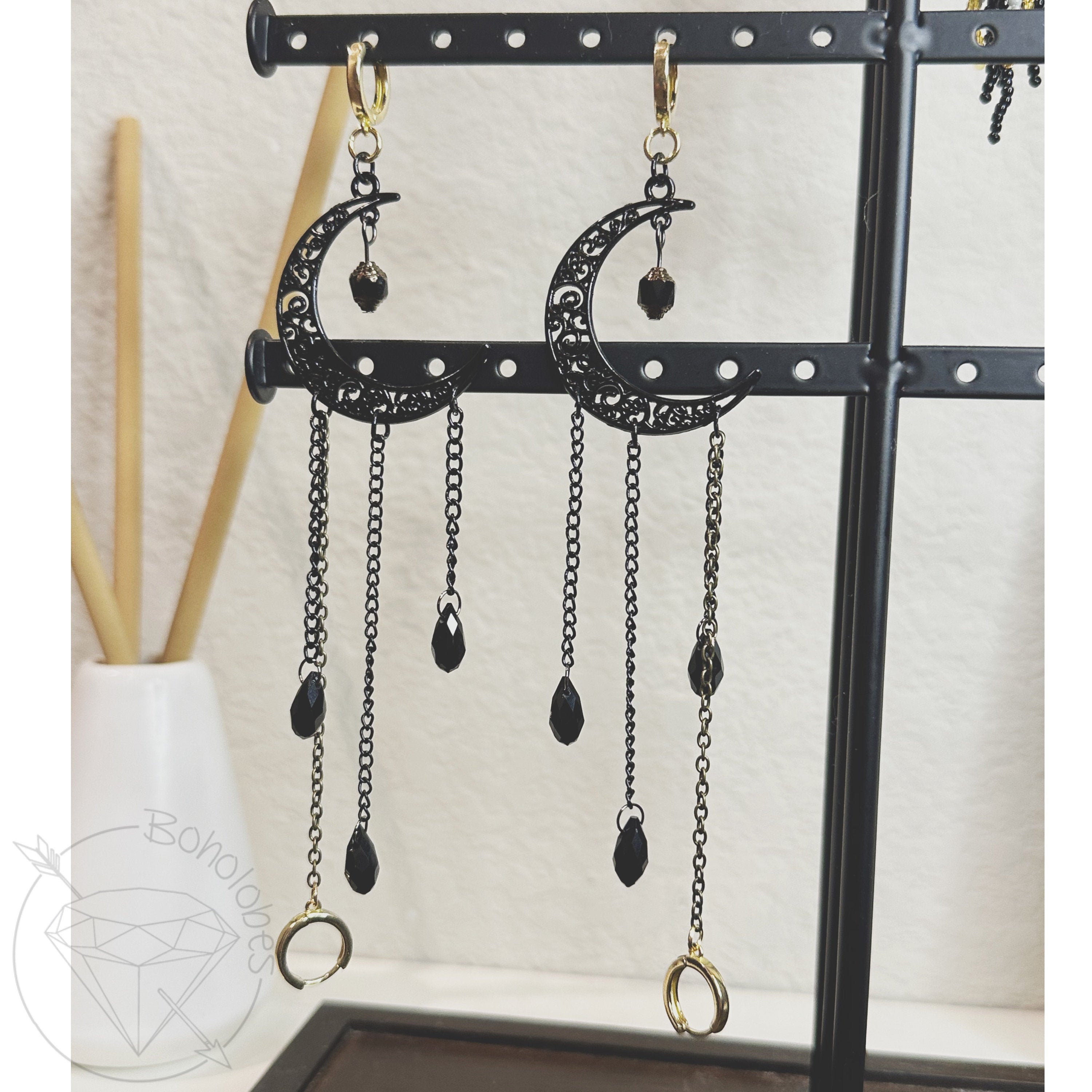Loop earplug holder Black celestial crescent moon goth dangle plugs gauges 8g 6g 4g 2g 1g 0g 11/32" 00g 7/16" 1/2” 9/16” 5/8” 3/4” 7/8” 1”