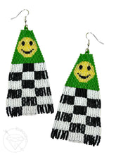 Load image into Gallery viewer, Hand beaded green smiley face checkered dangle plugs dangle earrings - pair