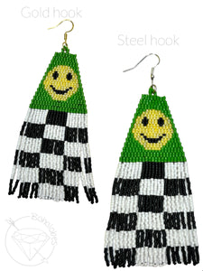 Hand beaded green smiley face checkered dangle plugs dangle earrings - pair