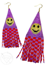 Load image into Gallery viewer, Purple hand beaded smiley face checkered dangle plugs dangle earrings - pair
