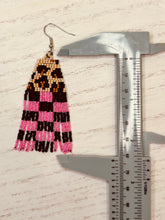 Load image into Gallery viewer, Hand beaded cheetah checkered dangle plugs dangle earrings - pair