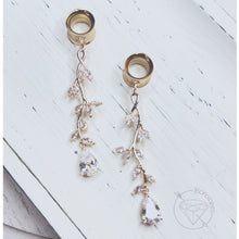 Load image into Gallery viewer, Rose gold stainless steel floral filigree rhinestone vine drop rhinestone dangle plugs: 2g 0g 00g 1/2&quot; 9/16&quot; 5/8&quot; 18mm 20mm 22mm 25mm