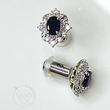 Load image into Gallery viewer, Sapphire and clear crystal plugs Square CZ stud wedding plugs for gauged or stretched ears: Sizes 4g 2g 1g 0g 5mm 6mm 7mm 8mm