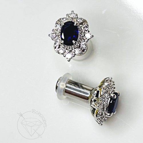 Sapphire and clear crystal plugs Square CZ stud wedding plugs for gauged or stretched ears: Sizes 4g 2g 1g 0g 5mm 6mm 7mm 8mm
