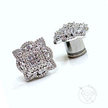 Load image into Gallery viewer, Vintage old Hollywood inspired crystal plugs Square CZ halo stud wedding plugs: Sizes 4g 2g 0g 11/32” 00g 7/16” 1/2” 9/16” 5/8”