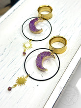 Load image into Gallery viewer, Bohemian faux druzy crescent moon gold plugs gauges tunnels 8g 6g 4g 2g 1g 0g 00g 7/16&quot; 1/2 9/16&quot; 5/8&quot; 3/4&quot; 7/8&quot; 1&quot;