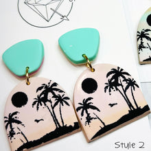 Load image into Gallery viewer, Pair of sunset beach scene clay dangle earrings