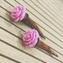 Load image into Gallery viewer, Rose flower wood taper fashion plugs for gauged or stretched ears: Sizes 4g, 2g, 0g, 00g