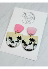 Load image into Gallery viewer, Pair of sunset beach scene clay dangle earrings