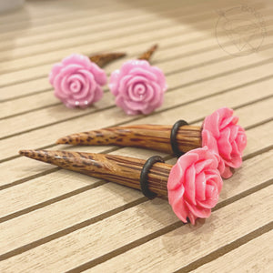 Rose flower wood taper fashion plugs for gauged or stretched ears: Sizes 4g, 2g, 0g, 00g