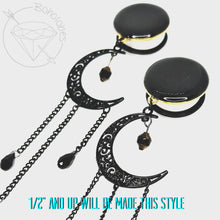 Load image into Gallery viewer, Black celestial crescent moon goth dangle plugs gauges 2g 1g 0g 00g 7/16&quot; 1/2” 6mm 7mm 8mm 10mm 11mm 12mm