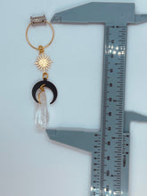 Load image into Gallery viewer, Pair of witchy moon phase wiccan quartz light weight metal dangle earrings