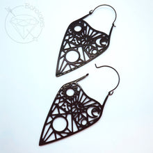 Load image into Gallery viewer, Black goth Ouija hoop earrings / plugs 2g 0g 00g 1/2&quot; 9/16&quot; 5/8&quot; 3/4&quot; 7/8&quot; 1&quot;