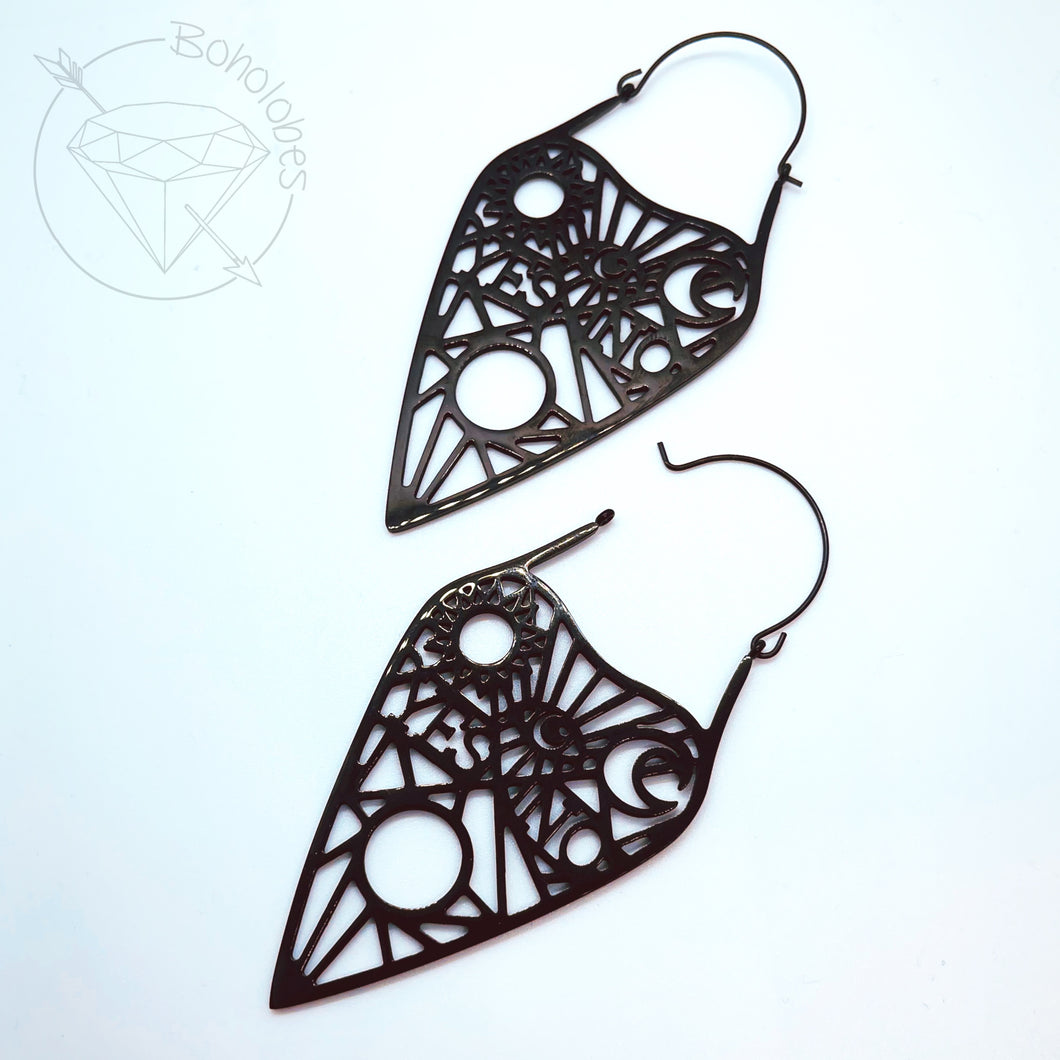 Black goth Ouija hoop earrings / plugs 2g 0g 00g 1/2